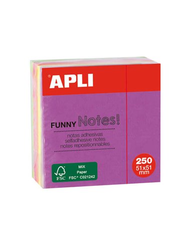 Apli - Notes Autocollantes Amusantes 51x51mm Mini-Cube 250 Feuilles - 5 Couleurs Fluorescentes Assorties - Amusant et Pratique