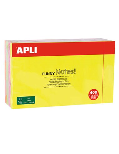 Apli - Funny Sticky Notes 125x75mm - Bloc de 400 Feuilles - 4 Couleurs Assorties - Fluorescent