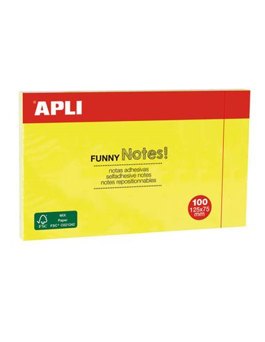 Apli - Funny Sticky Notes 125x75mm - Bloc de 100 Feuilles - Fun Designs - Adhésif de Qualité - Jaune Fluorescent