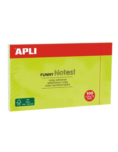 Apli - Funny Sticky Notes 125x75mm - Bloc de 100 feuilles - Adhésif de qualité - Facile à décoller - Couleur Vert Fluo