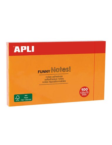 Apli - Funny Sticky Notes 125x75mm - Bloc de 100 Feuilles - Adhésif de Qualité - Couleur Orange Fluorescent