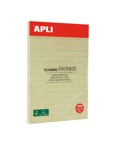 Apli - Notes Autocollantes Classiques avec Lignes 100x150mm - Bloc de 100 Feuilles - Adhésif de Haute Qualité - Facile à Décolle