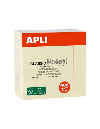 Apli - Notes Autocollantes Classiques 75x75mm - Cube de 400 Feuilles - Adhésif de Qualité - Facile à Peler - Jaune