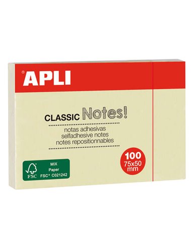 Apli - Bloc Notes Autocollantes Classiques 75x50 mm 100 Feuilles - Adhésif de qualité - Facile à décoller - Idéal pour les rappe