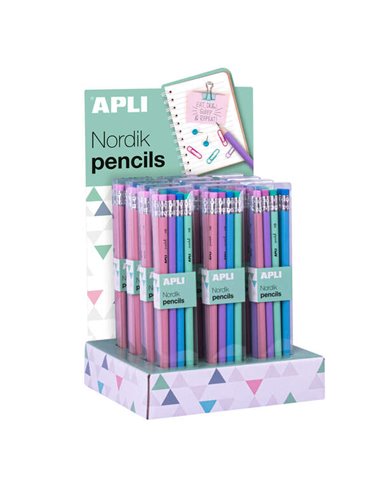 Apli - Nordik Collection Présentoir de 12 Paquets de 8 Crayons Graphite HB 2mm avec Gomme - Couleurs Rose, Lilas, Turquoise et V