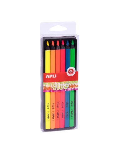 Apli - Crayons Jumbo Fluo - Course 5 mm - Boîte Individuelle de 6 Couleurs Assorties - Bois Triangulaire pour une Meilleure Tenu