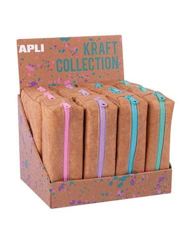 Apli - Présentoir Collection Kraft de 12 Étuis Compacts à Fermeture Éclair aux Couleurs Pastel - Étuis 185x75x55mm de Grande Cap