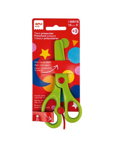 Apli - Ciseaux ergonomiques préscolaires pour enfants 13 cm - Ressort pour une ouverture facile - Lames en plastique - Pointe ar