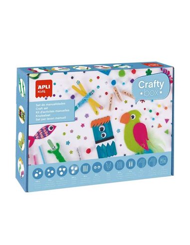 Apli - Pack de bricolage pour enfants avec pompons, formes en caoutchouc EVA, pierres fantaisie adhésives, paillettes, bâtons en