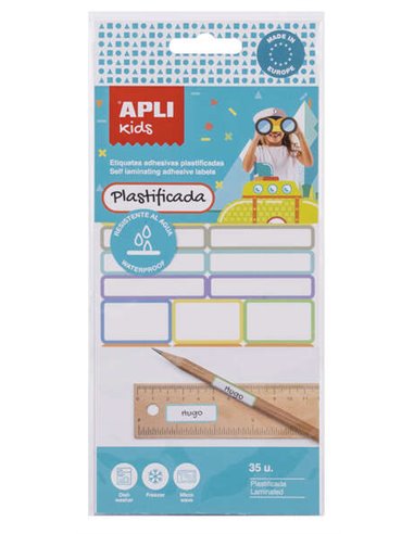 Apli - Kids Pack de 35 étiquettes plastifiées assorties - Trois tailles : 46,5x10 mm (14), 30,5x19 mm (3), 30,6x11 mm (18) - Hau