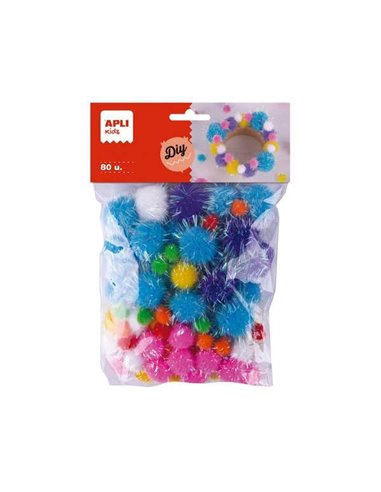 Apli - Sachet Enfant de 80 Pompons Pailletés - Tailles 10mm, 20mm, 25mm - Couleurs Assorties