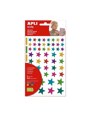 Apli - Sachet Enfant de 624 Gomets Étoiles - Adhésif Amovible - Tailles et Couleurs Assorties