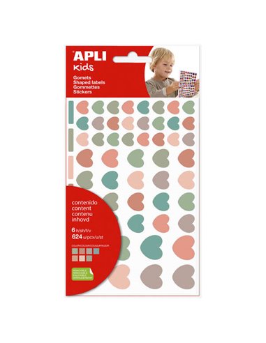 Apli - Sachet Enfant de 624 Gomets Coeur Nordik - Adhésif Amovible - Tailles et Couleurs Assorties