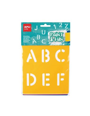 Apli - Sachet Enfant de 6 Pochoirs Lettres et Chiffres - 26 Lettres et 10 Chiffres - Polypropylène Souple - Lavable - Couleurs A