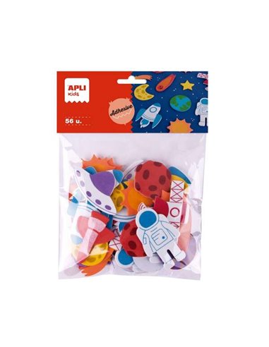 Apli - Sachet Enfant de 56 Formes EVA Adhésives Thème Espace - 14 Modèles Différents - Mesures de 3 à 6 cm - Couleurs Assorties