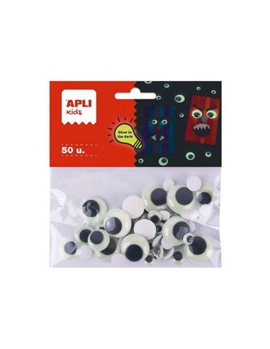 Apli - Sachet Enfant de 50 Yeux Mobiles Ronds Adhésifs - Brillent dans le Noir - Tailles 8mm, 10mm, 15mm, 20mm