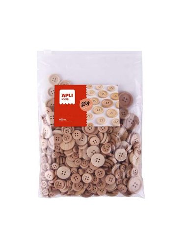 Apli - Sachet Enfant de 400 Boutons en Bois Naturel - Tailles 10mm, 15mm, 20mm, 25mm, 30mm