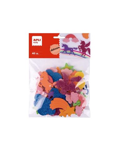 Apli - Sachet Enfant de 40 Formes Adhésives en Caoutchouc EVA - 8 Modèles Différents - Mesures de 3 à 6 cm - Couleurs Assorties