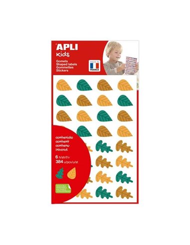 Apli - Sachet Enfant de 384 Gomets Feuilles d'Arbre - Adhésif Amovible - Formes et Couleurs Assorties