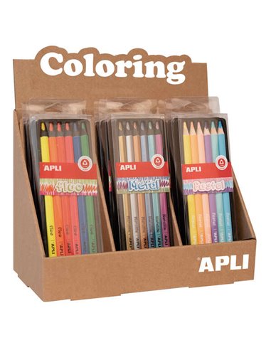 Apli - Set de Crayons Jumbo - 5 mm d'épaisseur - 12 Boîtes Assorties de 6 Crayons Chacune - Fluo, Métal et Pastel