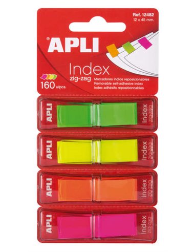 Apli - Index Adhésifs Film Zigzag 45x12mm 4 Distributeurs de 40 Index - Facile à Appliquer - Résistant - Amovible - Couleurs Flu