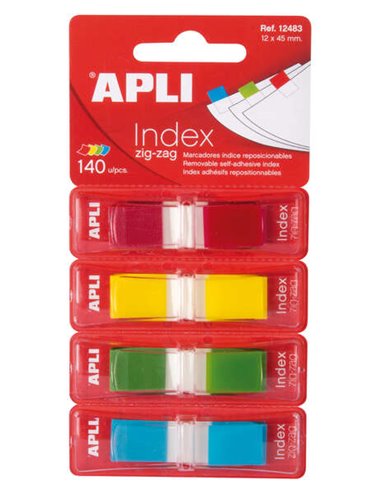 Apli - Index Adhésifs Film Zigzag 45x12mm 4 Distributeurs de 35 Index de 4 Couleurs - Facile à Appliquer - Adhésif de Qualité - 