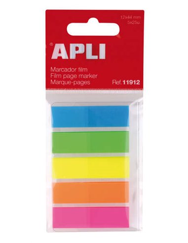 Apli - Film Index Adhésif 45x12mm 5 Couleurs Fluorescentes - 25 Index par Couleur - Facile à Coller et à Décoller - Idéal pour M