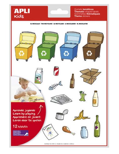 Apli - Gomets sur le thème du recyclage - 276 Gomets - Adhésif amovible - Illustrations amusantes - Idéal pour les écoles - Norm