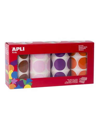 Apli - Gomets Ronds Ø 33mm - Couleurs Assorties - Adhésif Permanent - 4 Rouleaux par Paquet - 2832 Gomets - Idéal pour Développe