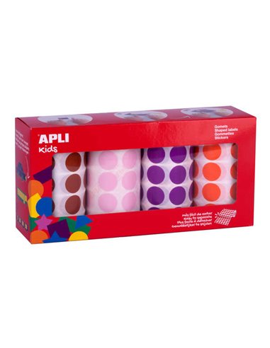 Apli - Gomets Ronds Ø 20mm - Pack de 4 Rouleaux de Couleurs Assorties - Adhésif Permanent - 7080 Gomets au Total