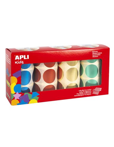 Apli - Gomets Ronds Métalliques Ø 33mm - Pack de 4 Rouleaux (Jaune, Bleu, Rouge et Vert) - 2256 Gomets au Total - Feuilles Pré-P