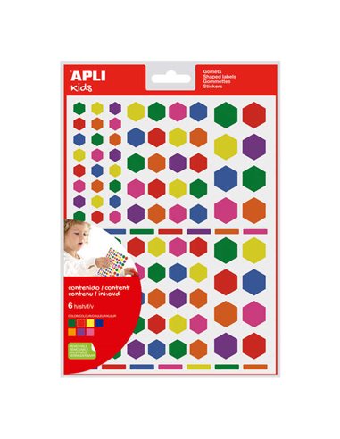 Apli - Gomets Hexagonaux Amovibles - 3 Tailles Assorties - 624 Gomets par Sachet - Développement des Compétences et de la Créati