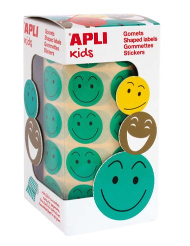 Apli - Green Happy Face Gomets Ø 20mm - Adhésif amovible - 900 Gomets par rouleau - Idéal pour motiver et récompenser les enfant