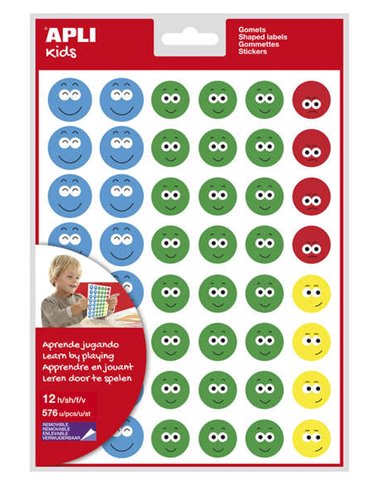 Apli - Happy Face Gomets Ii - 576 Gomets par sachet - 4 styles de visage différents - Motiver et récompenser les enfants - Appre