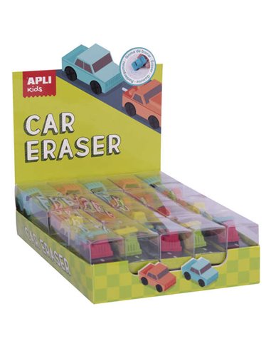 Apli - Gommes pour Voiture - Présentoir avec 20 unités en 4 Modèles Assortis - Forme de Voiture Utilisable pour Effacer et Jouer