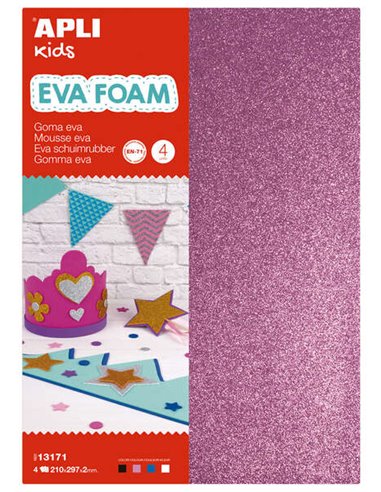 Apli - Glitter Eva Foam A4 4 Feuilles - Blanc, Noir, Rouge et Bleu - Idéal pour l'artisanat et la décoration