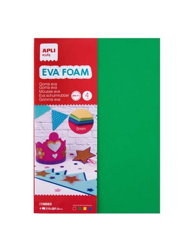 Apli - Caoutchouc Eva Multicolore A4, 5mm - 4 Feuilles Épaisses - Rouge, Jaune, Vert et Bleu