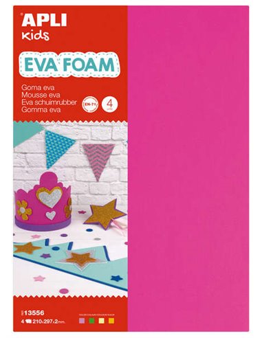 Apli - Caoutchouc Eva Fluorescent - Format A4 - 4 Feuilles - Fuchsia, Vert, Jaune et Orange