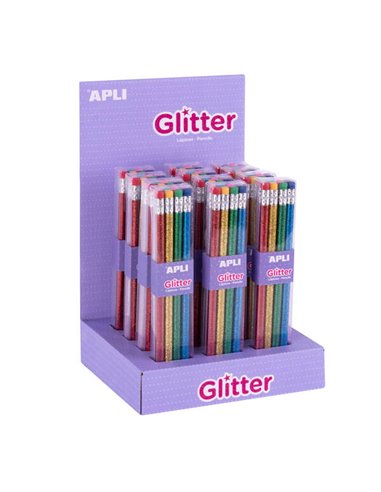 Apli - Crayons graphite Glitter Collection avec gomme - 2 mm HB - 12 paquets de 8 crayons - 8 couleurs pailletées - Présentoir 1