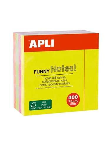 Apli - Cube Amusant de 400 Notes Autocollantes 75 x 75 mm - Couleurs Fluorescentes Assorties