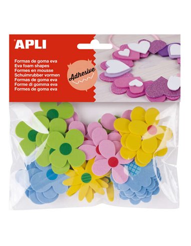 Apli - Formes Adhésives en Caoutchouc Eva Imprimé Fleurs 40 U - Facile à Coller - Différents Modèles - Idéal pour l'Artisanat