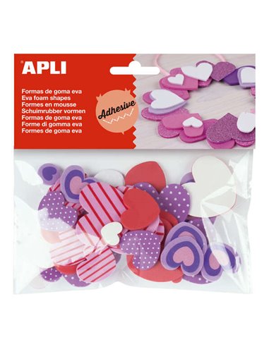 Apli - Formes adhésives en caoutchouc Eva Coeurs imprimés 40 U - Facile à coller - Conception de coeur - 40 unités par paquet