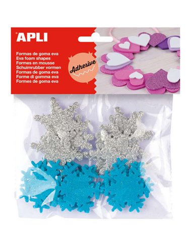 Apli - Formes en mousse Eva adhésives flocon de neige pailletées 22 U - Décoration de Noël - Facile à coller - Lumineux et accro