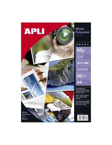 Apli - Film Polyester Adhésif Blanc A4 - Finition Brillante - Séchage Instantané - 50 feuilles