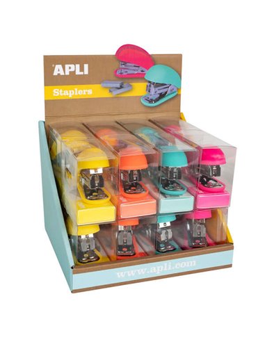 Apli - Présentoir pour agrafeuses Fluor Collection - Taille 63 mm - 16 unités en 4 couleurs intenses - Comprend 1000 agrafes arg