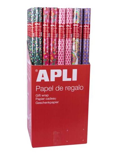 Apli - Présentoir de 55 Rouleaux de Papier Cadeau Tendance - 11 Rouleaux par Couleur - Dimensions du Rouleau 0,70x2m - 5 Dessins