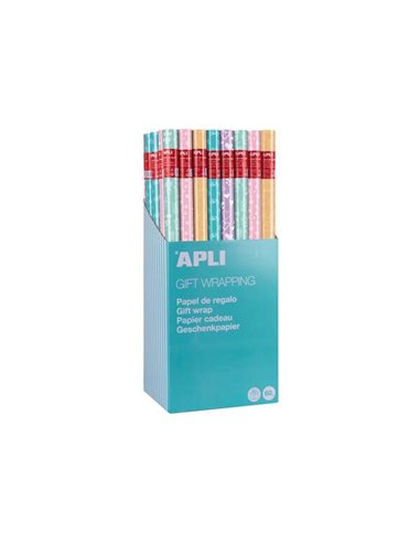 Apli - Présentoir de 55 rouleaux de papier cadeau Nordik Fun - 11 rouleaux par couleur - Dimensions du rouleau 0,70x2 m - 5 moti