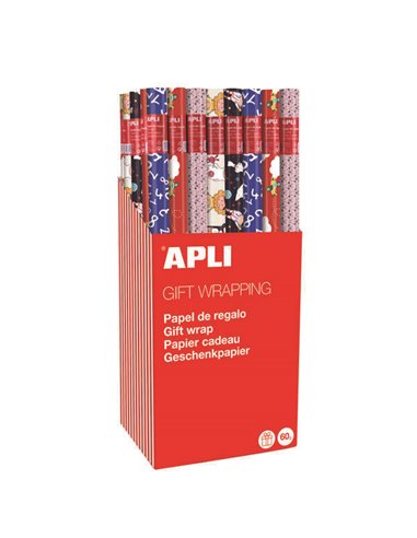 Apli - Présentoir de 55 rouleaux de papier cadeau pour enfants - 11 rouleaux par couleur - Dimensions du rouleau 0,70x2m - 5 mot