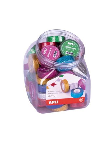 Apli - Présentoir avec 60 Rubans Adhésifs Opaques Pailletés 15 mm x 5 m - Facile à Découper - Couleurs Assorties