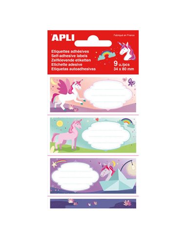 Apli - Étiquettes Adhésives École Licorne - Taille 81x36 mm - 9 étiquettes (3 par motif) - Adhésif permanent de haute qualité - 